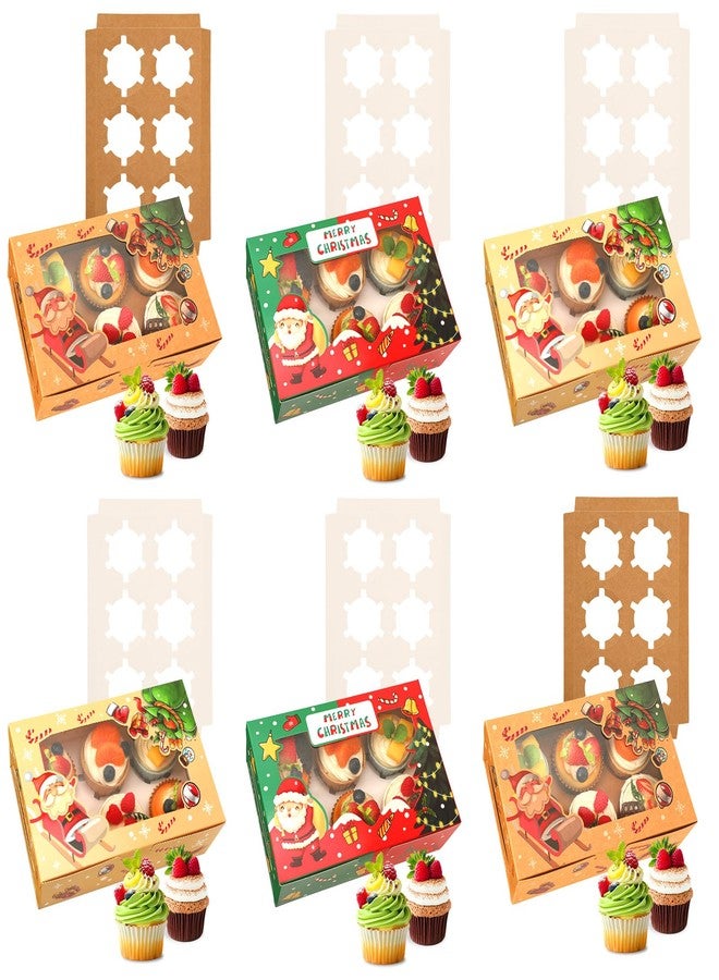 AUGSUN 6 Count Cupcake Boxes, Christmas Cupcake Carrier with Window,6 Sets Christmas Food Bakery Treat Holder,Kraft Gift Boxes for Gift Giving Cookie Pastry Birthday Holiday Party Supplies - Image 1